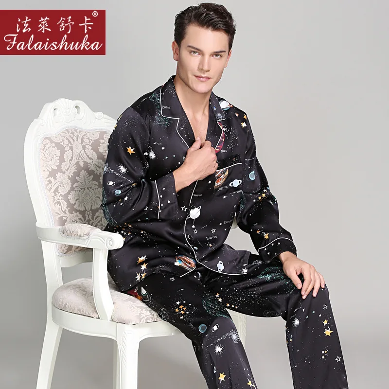 Pijamas de seda 100% para hombre, ropa de dormir masculina de manga larga con estampado romántico de cielo estrellado de 19 MM, conjuntos de pijama