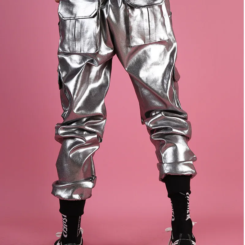 Casual Silver Leather Harem Pants Male Dancer Hip Hop Rock Pocket Cargo Trousers Performance Nightclub Stage Costume