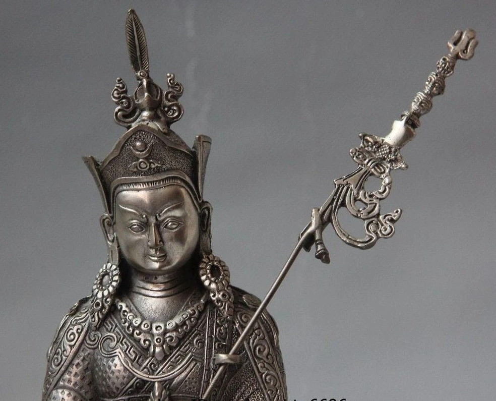 Tibet Buddhism Fane White Copper Silver Lotus Padmasambhava Master Buddha Statue 21cm