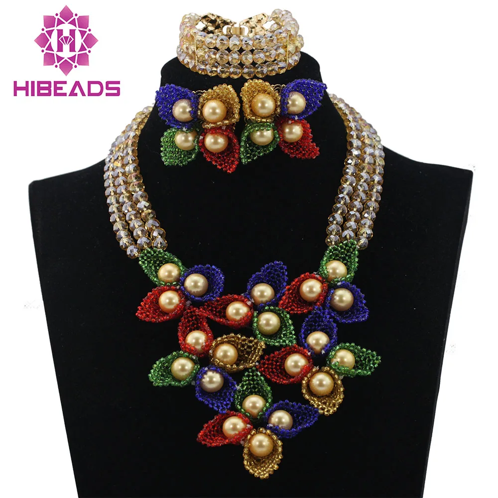 

Fashion Braid Nigerian Bridal Jewelry Sets African Big Flows Beads Jewelry Set Gold Crystal Choker Necklace Free Shipping ABL639