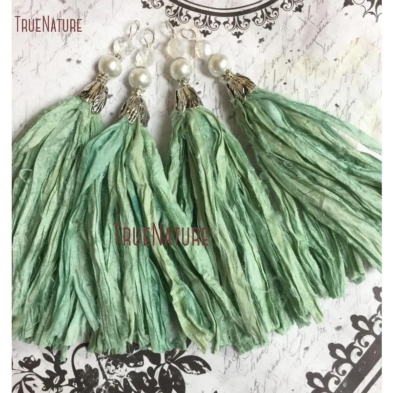 Handmade Art Soft Seafoam Green Sari Silk Tassel Antique Silver Color Flower Petal Bead Cap Long Pendant PM14474