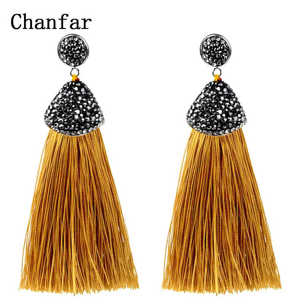 Vintage Bohemian Crystal Long Silk Tassel Earring Women Rhinestone Charm Stainless Steel Dangle Drop Earrings Boho Jewelry