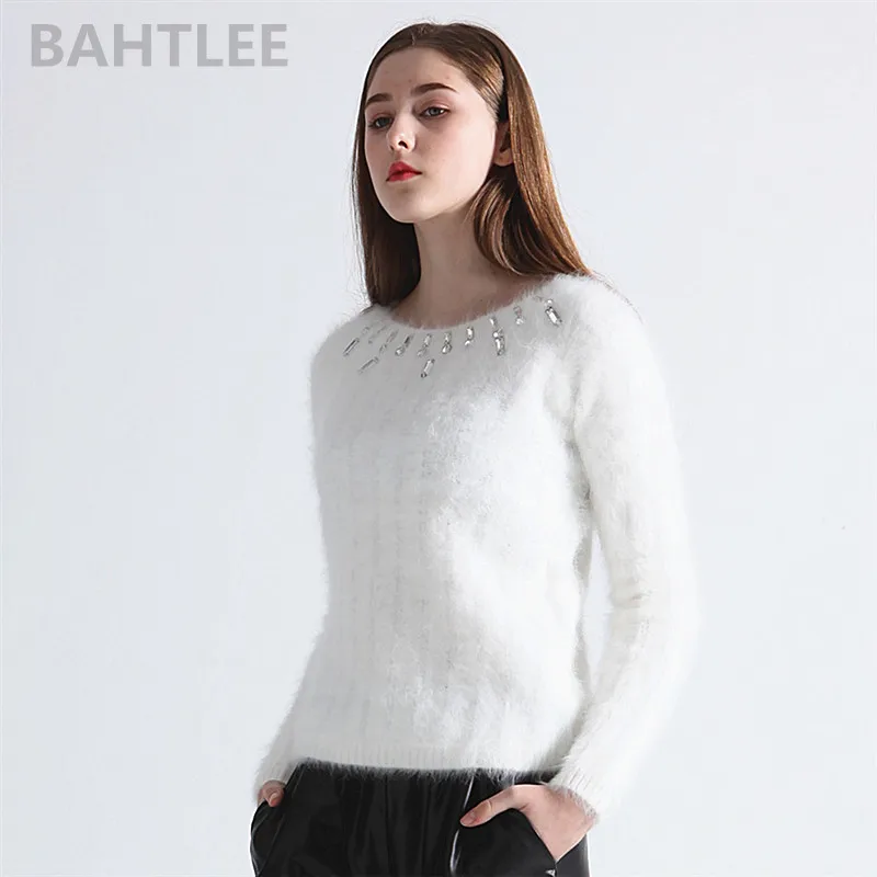 BAHTLEE-Women's Angora Jumper, Long Sleeve, Knitted Stripes Pullovers, Sweater, Keep Warm, Handwork, Diamond, White, Autumn, Win