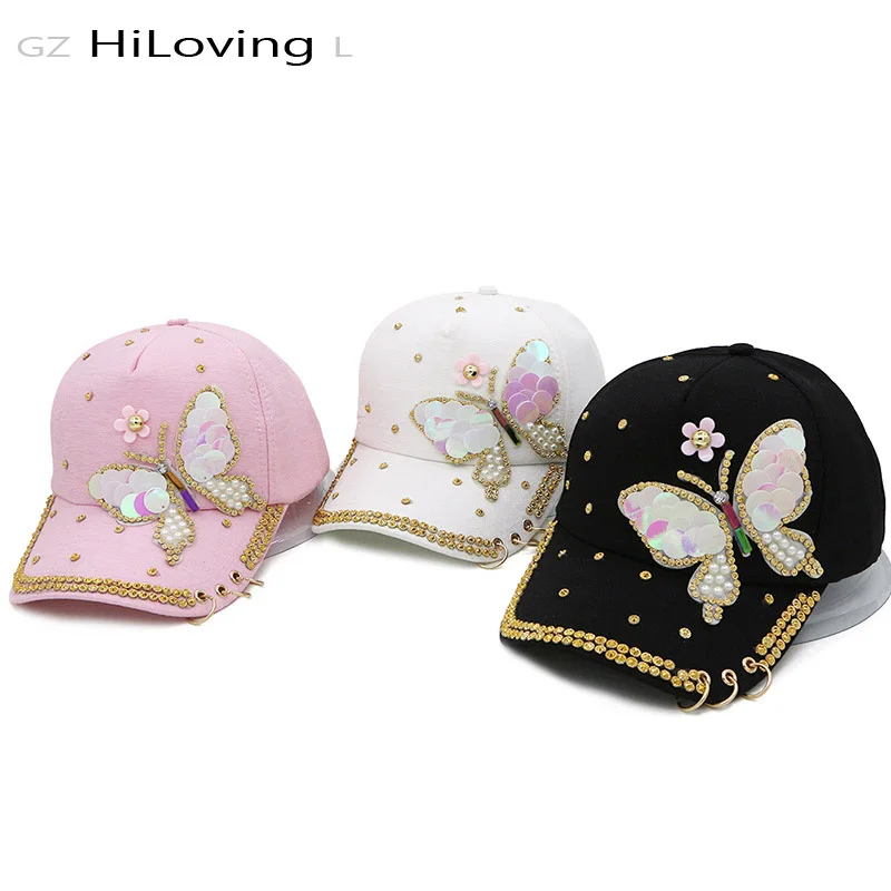 

GZHILovingL Summer Plain Cotton Women Metal Baseball Cap Snapback Hip Hop Caps 2017 Casual Butterfly Sequins Baseball Caps Hats