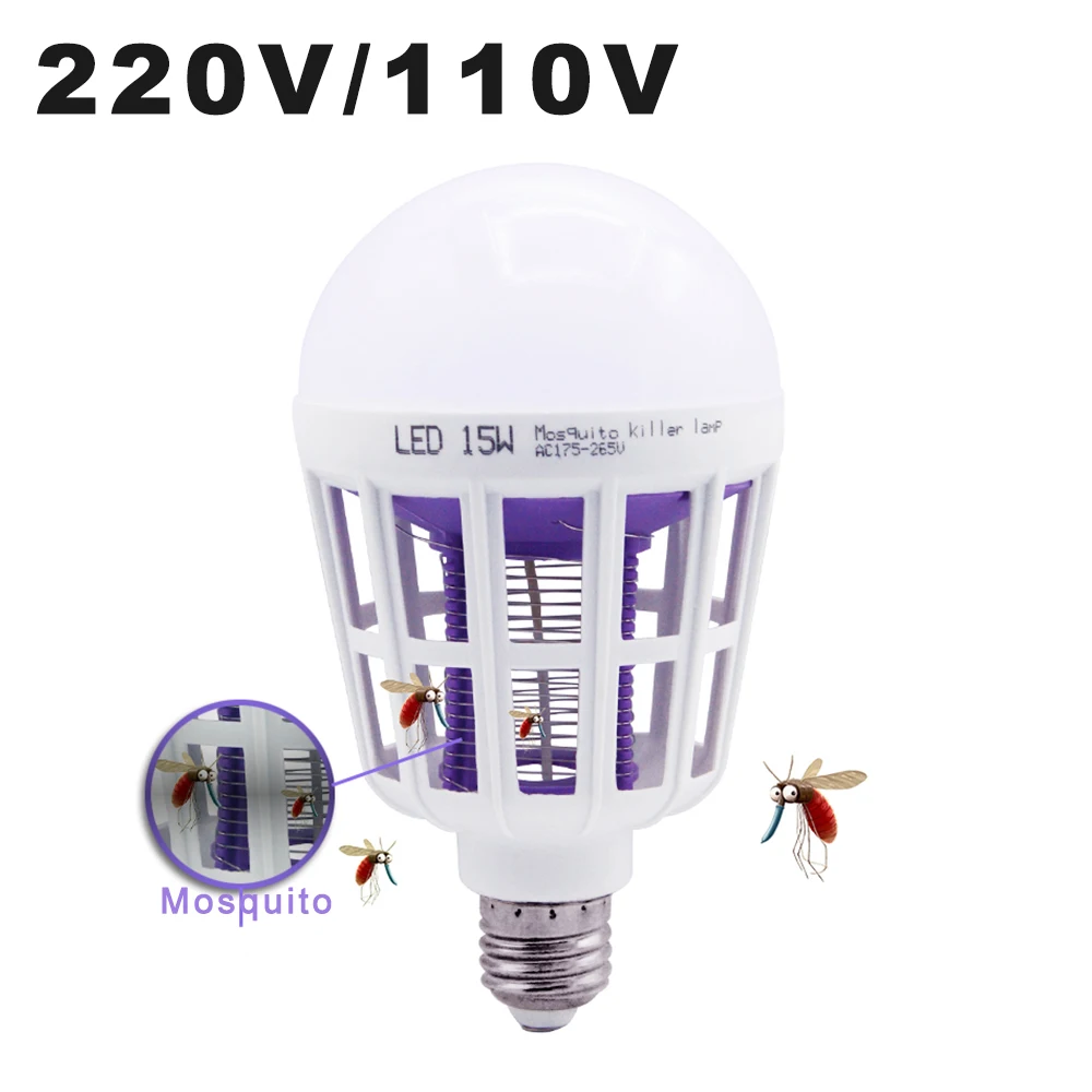 E27 Mosquito Killer Lamp Bulb 110V 220V 15W LED Light Bulbs 2 In 1 Repellent Fly Killing Lighting Bug Zapper Energy Saving Lamps