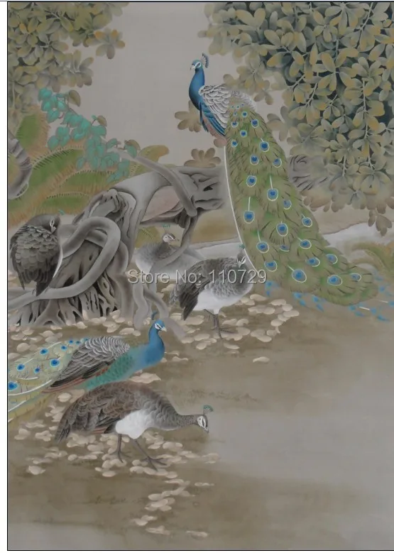 Hand-painted silk wallpaper  painting  Peacock  silk wallcover sticker many pictures optional