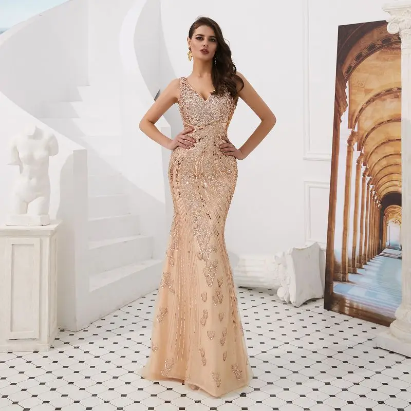 Open back Evening gown Dress  long nude tulle ceremony gown modern champagn beading birthday party dress vestido de noiva