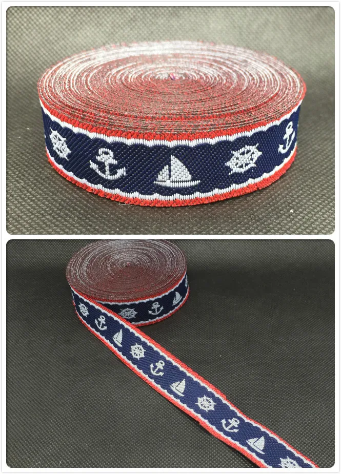 2014 NEW  wholesale 3/4 '(20mmx10yards) Polyester Woven Jacquard Ribbon dark blue with Sailing and sailors