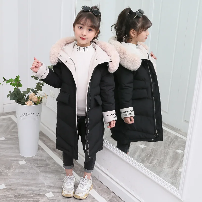 2024 Fashion Children Winter down cotton Jacket Girl clothing Kids clothes Warm Thick parka Fur Collar Hooded long Coats 3-14Y