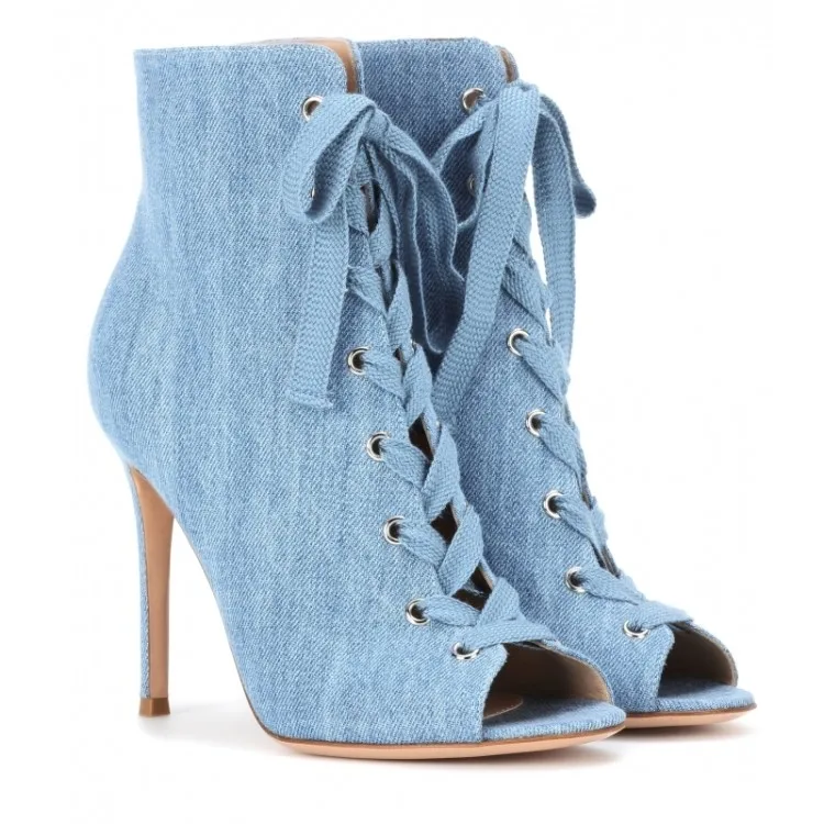 

Fashion High Heel Light Blue Denim Ankle Boots Women Sexy Peep Toe Lace Up Ladies Black Satin Short Boots Spring Dress Boots