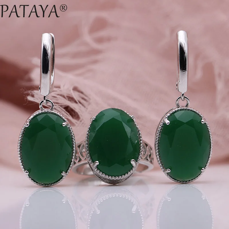 

PATAYA New Women Wedding Party Noble Hollow Jewelry Sets White Gold Oval AB Color Natural Zircon Fine Dangle Earrings Rings Set