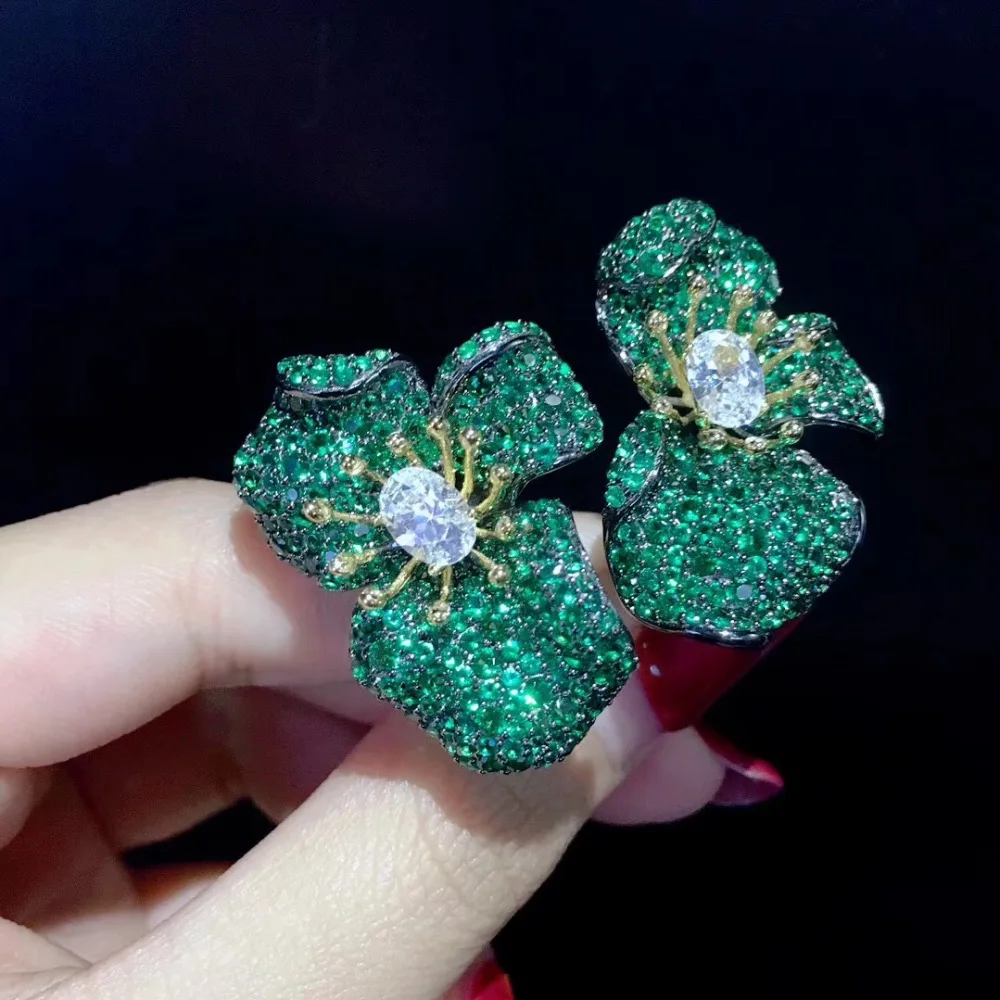 romantic 925 sterling silver with cubic zircon flower stud earring big flower fine women jewelry green blue color