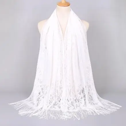 Elegant Women Cotton Polyester Floral Lace Scarf Shawl Tassels Party Wedding Lace Veil India Arab Muslim Hijabs Scarves