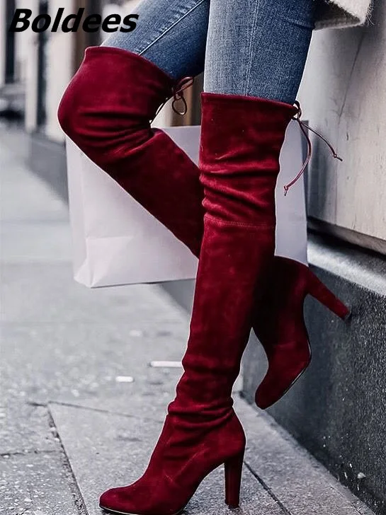 Chic Women Warm Velvet Block Heel Thigh High Boots Sexy Burgundy Round Toe Slip-on Lace Up Chunky HeelOver Knee Boots HotSelling