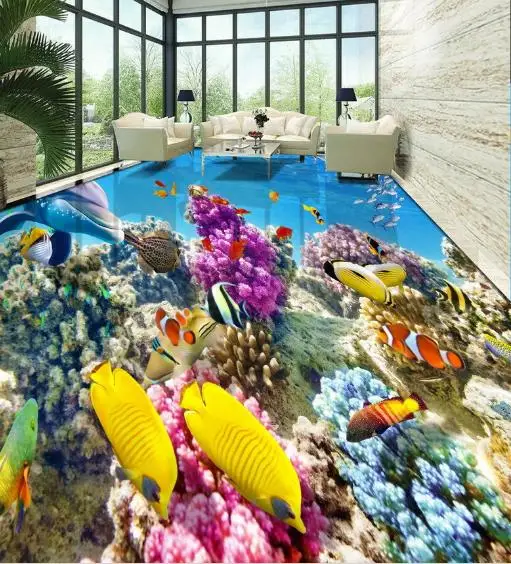 HD 3D Floor Three-dimensional coral reef tropical fish Wallpapers For Living room 3D Floor Tiles Self adhesive Wallpaper