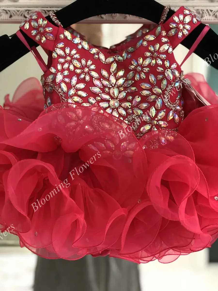 Little Miss Pageant Dress for Infant Toddler Baby Girl 2019 Unique Crystals Cupcake Glitz Kid Prom Dance Party Gown Burgundy