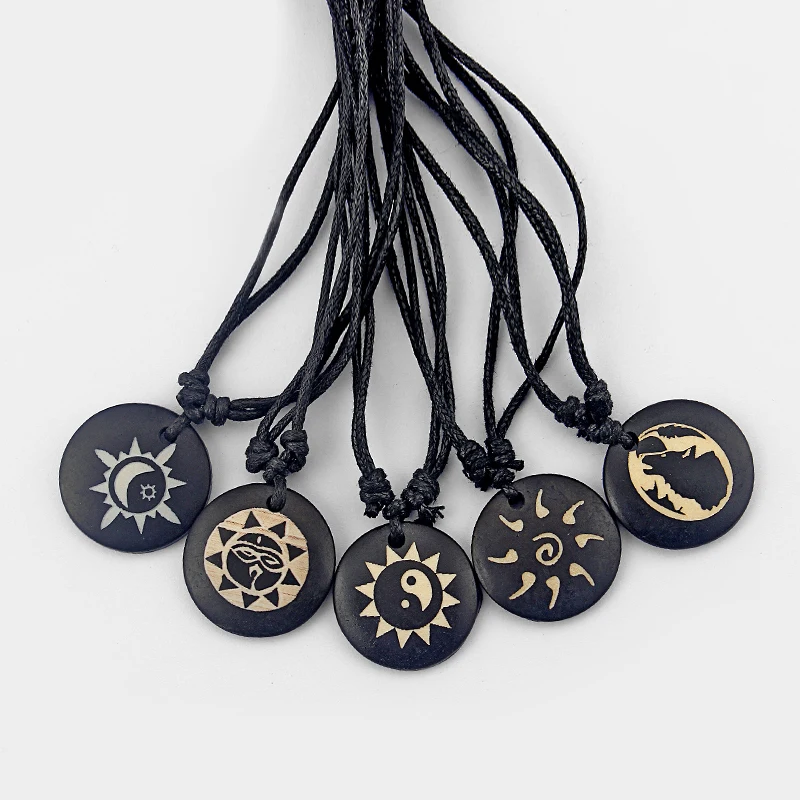 Wholesales Faux Yak Bone Resin Yin Yang Lucky Necklaces Cave Sun Moon Pendant Wax Cotton Cord Tribal Necklaces