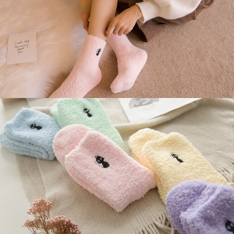 PEONFLY Embroidery CAT Deer Thickening Women Cotton Lovely  Plush Keep Warm Sleep Ladies Funny Cute Socks Hosiery Winter Kawaii