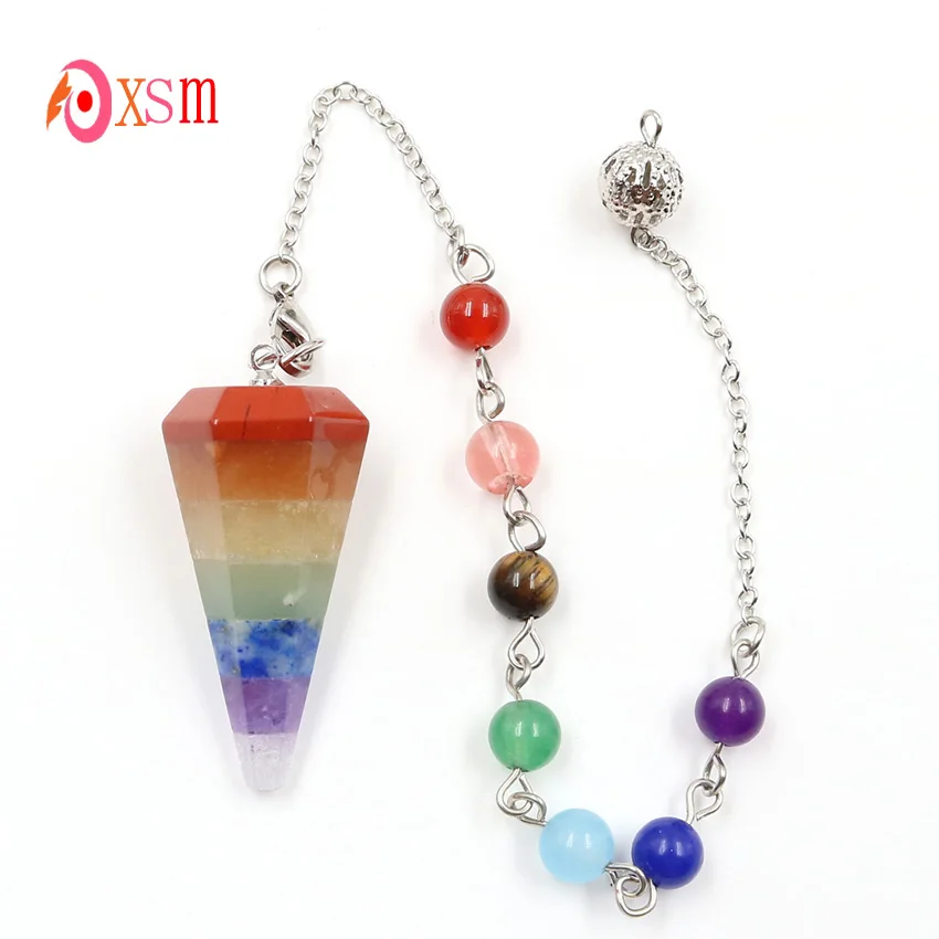 xinshangmie New Stylish Natural Rainbow 7 Color Hexagonal Pyramid  Reiki Pendulum Pendants 7 Chakras Chain Fashion Jewelry