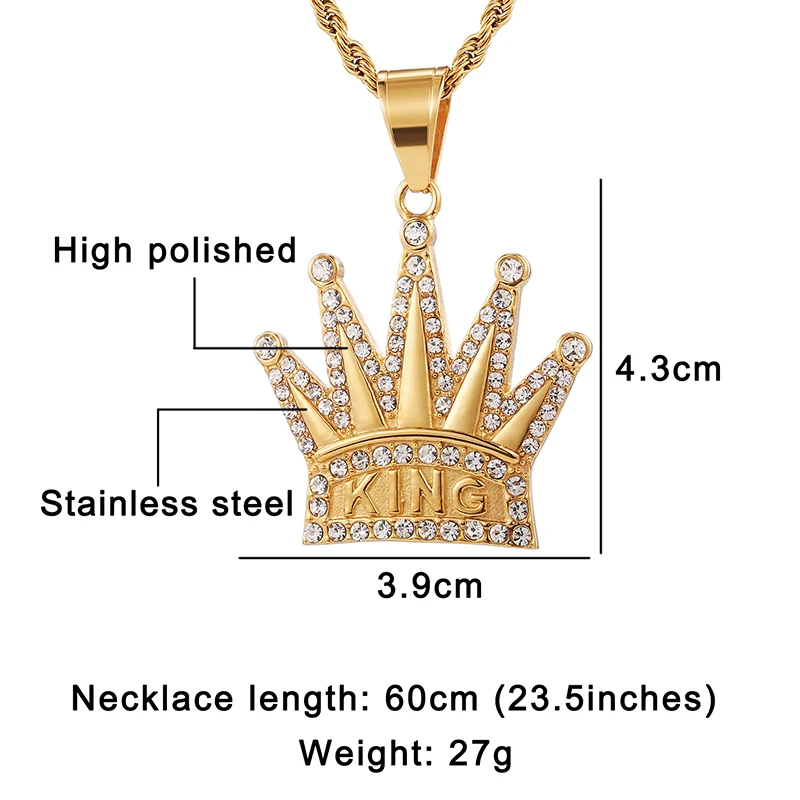 HIP Hop Full AAA Iced Out Bling Cubic Zircon Crown KING CZ Cubic Zircon Stainless Steel Necklaces & Pendants for Men Jewelry