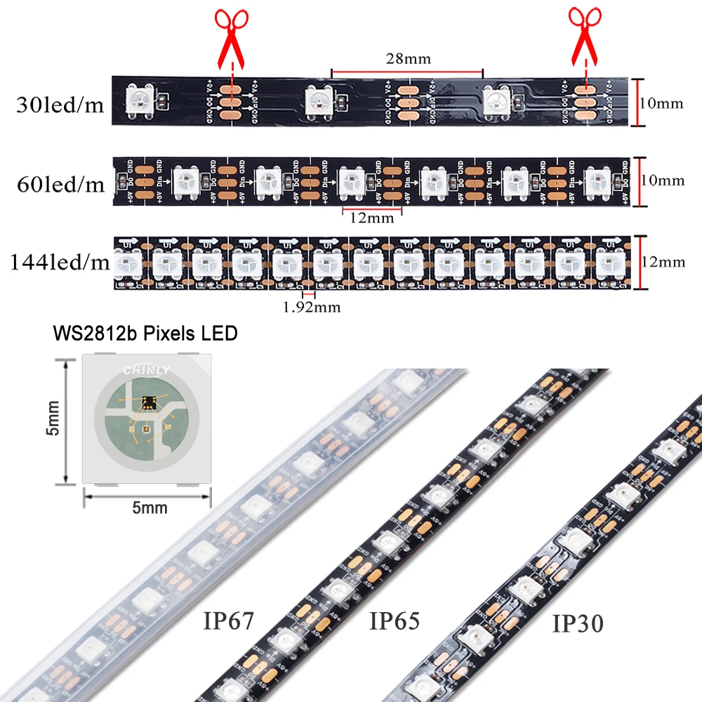 WS2812B LED Strip Individually Addressable RGB Smart Pixels Strip1m/4m/5m Black/White PCB WS2812 IC Waterproof 5V 30/60/144 leds