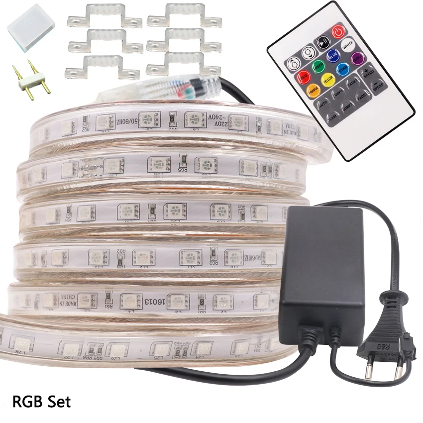 

RGB led strip 220V 240V 5050 Waterproof Flexible Led Tape Light White 60leds/m 1M/5M/10M/15M/20M/25m/50m/100m + Power plug kit