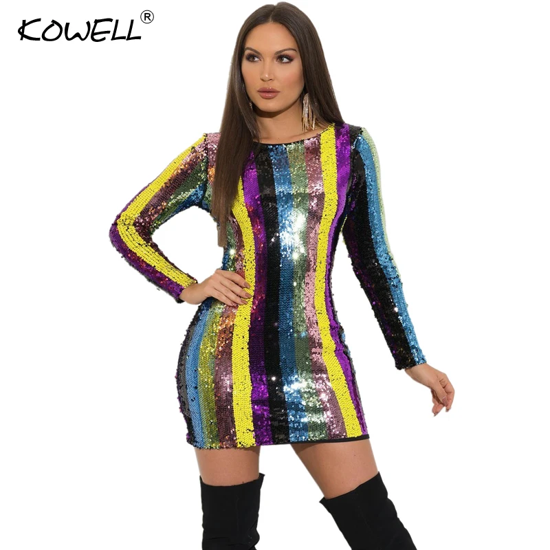 Woman Colorful Sequine Striped Mini Dress O Neck Long Sleeve Package Hip Sexy Bodycon Dress Backless Clubwear Outfit Party Dress