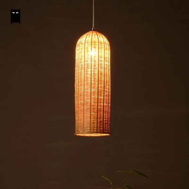 Delicate Bamboo Hand-Woven Wicker Rattan Basket Long Cylinder Pendant Light Fixture Asian Japanese Lamp Dining Study Tea Room