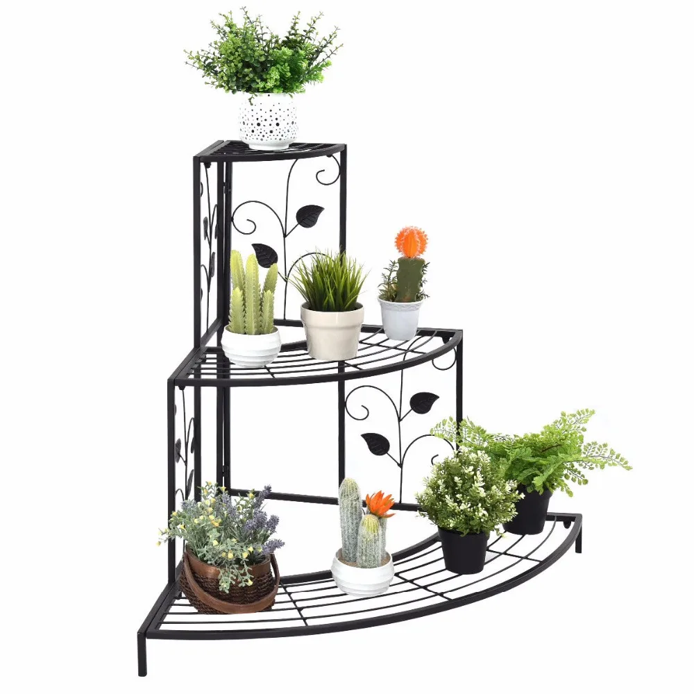 Giantex 3 Tier Floral Corner Plant Stand Metal Flower Pot Rack Stair Display Ladder  Outdoor Furniture CYW50294