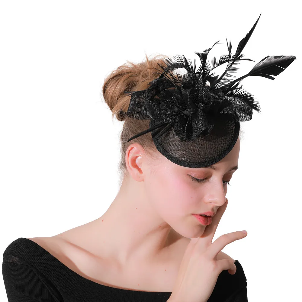 

Women Formal Black Sinamay Fascinators Hairclips Feather Floral Ladies Veil Fedora Derby Wedding Hats Cocktail Race Headwear