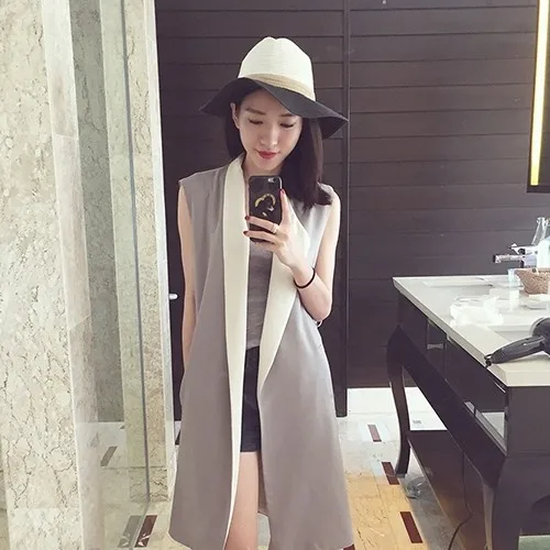 Grey White Patchwork Long Women Blazer Vest Autumn Plus Size Open Stitch Sleeveless Gilet Femme Chaleco Tops