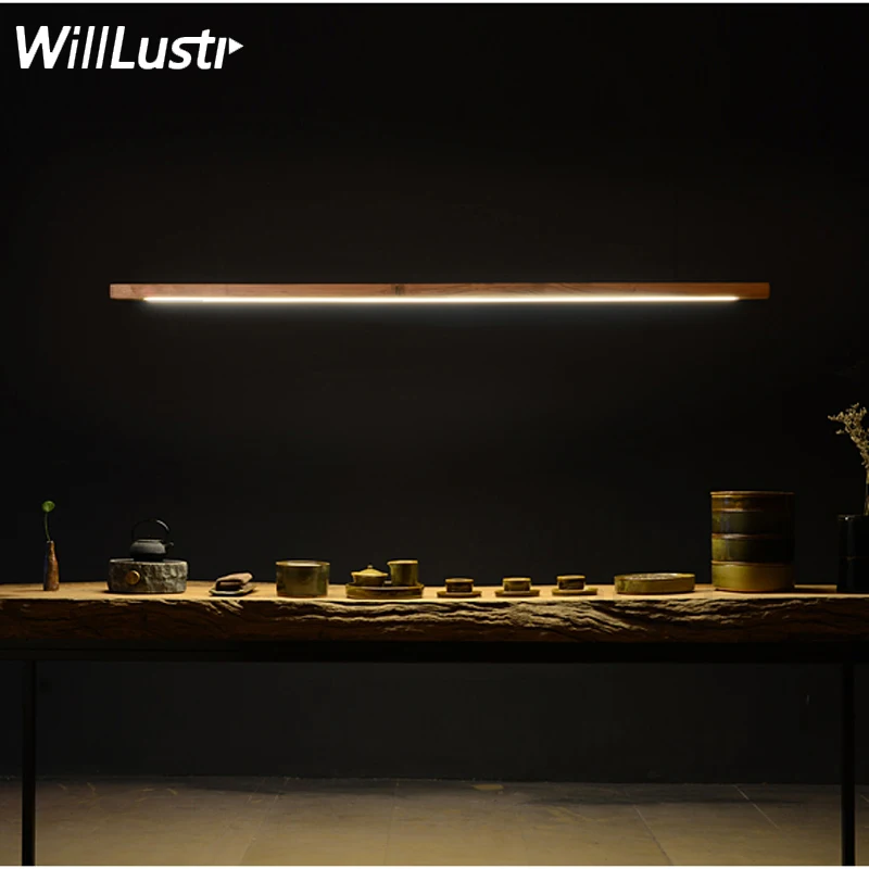 walnut wood LED talo pendant lamp long bar tube suspension lighting office meeting dinning room hotel villa counter light