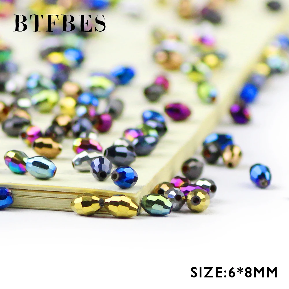 BTFBES Rice Grains Austrian Crystal Beads 50pcs 6*8mm Plated Color Oval Shape Loose Spacer Round Beads For Jewelry Making DIY