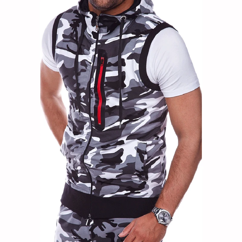 Men Summer Hooded Zipper Vest Mens Clothes Camouflage Tank Top Fitness Sweatshirt Sportswear Clothing Sleeveless Tanktop