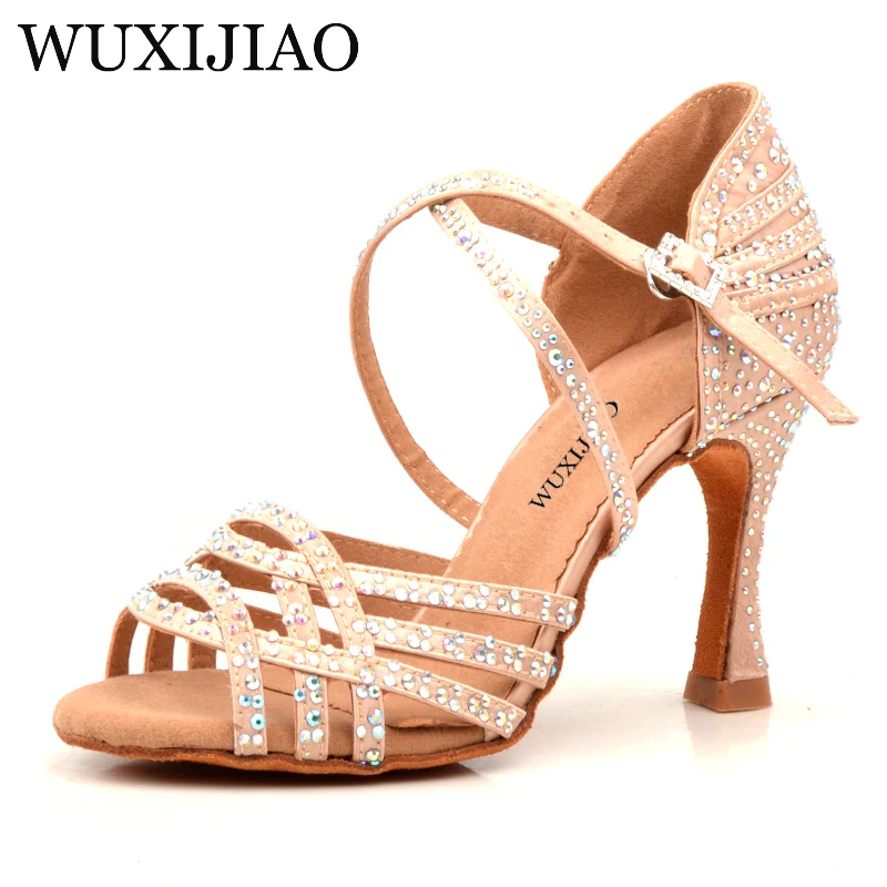 WUXIJIAO Women Salsa party Ballroom shoes Latin dance shoes big small rhinestone shining Skin Black satin  Cuba heel 9cm