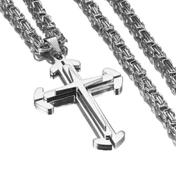 Fashion Cross Necklace For Men Women Silver Color Stainless Steel Byzantine Catholic Crucifix Pendant Chain Gift