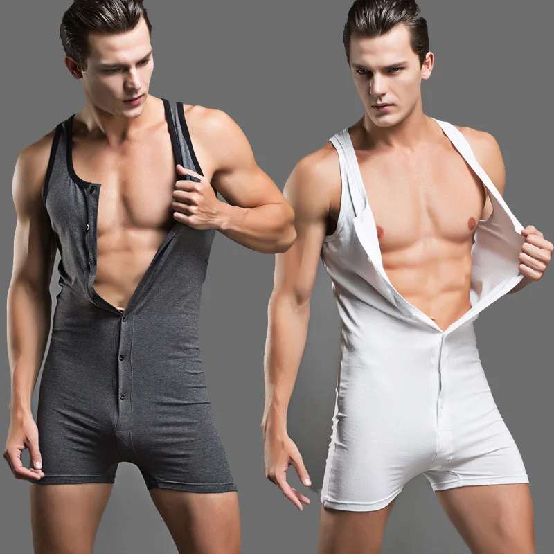 

Male underwear bodysuit lounge 100% cotton sleepwear men bodywear shaping vest one piece trunk thin