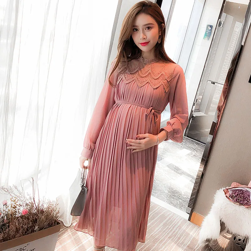 High Quality Chiffon Dresses Maternity Clothes For Pregnant Women Long Sleeve Pleated Dresses Pregnancy Maternity Vestido Spring