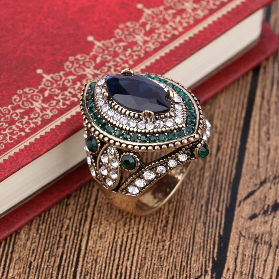 Bulgaria Jewelry Vintage Big Gold Wedding Rings For Women Vintage Green Crystal Blue Stone Horse Eye Ring Boho Accessories