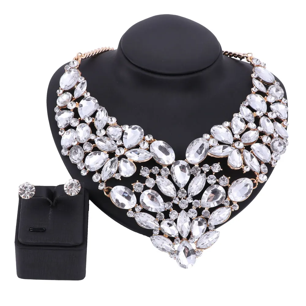 Jewelry Full Clear Rhinestones Statement Necklace and Earrings for Women Indian Bridal Wedding Jewelry sets