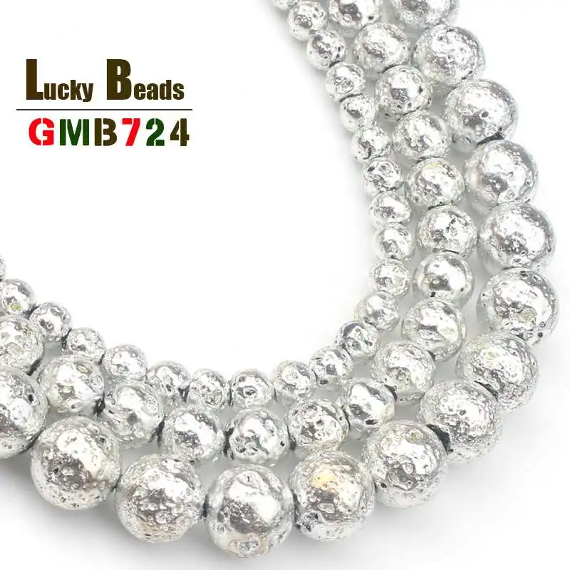 Natural Silver Plated Volcanic Lava Beads Round Stone Beads For Jewelry Making DIY Bracelet Accessories 15\'\' 4/6/8/10mm