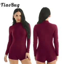 TiaoBug Adult Mock Neck Long Sleeve Solid Color Stretchy Ballet Gymnastics Leotard Women Bodysuit Gym Unitards Stage Dance Wear