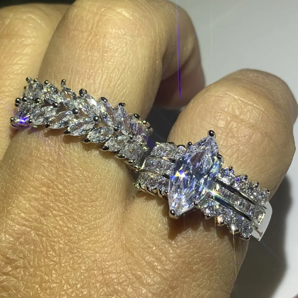 90% Off Super Deal Stunning Luxury Jewelry 925 Sterling Silver Marquise 5A CZ Zirconia Drop Shipping Wedding Bridal Ring Set