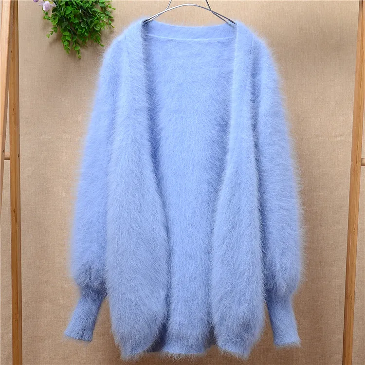 Lady women spring medium long real angora rabbit fur loose lantern long-sleeves hand knitted mink cashmere sweater coat cardigan