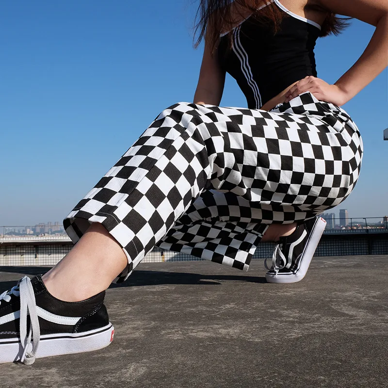 Black and White Plaid Pants Womens High Waist Checkered Straight Pants Casual Loose Fashion Trousers Pantalon Femme Sweatpants