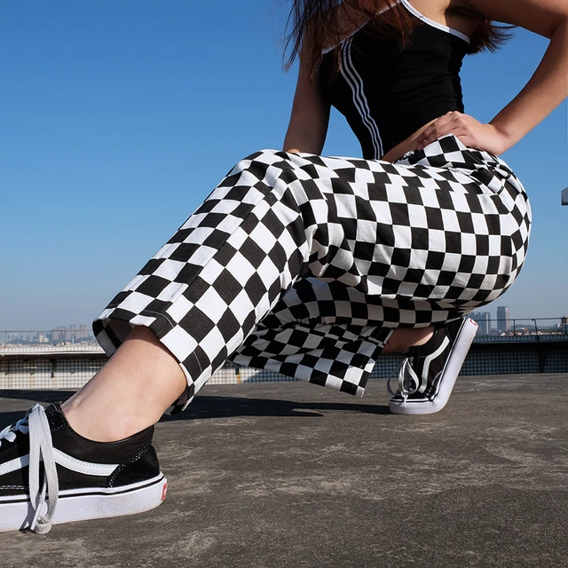 Black fashion checkered trousers womens