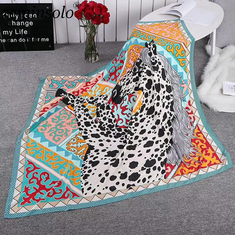 130*130cm New Luxury Brand Women 100% Twill Silk Scarf Floral Bandana Horse Print Square Scarves Wraps Fashion Hijab Headband