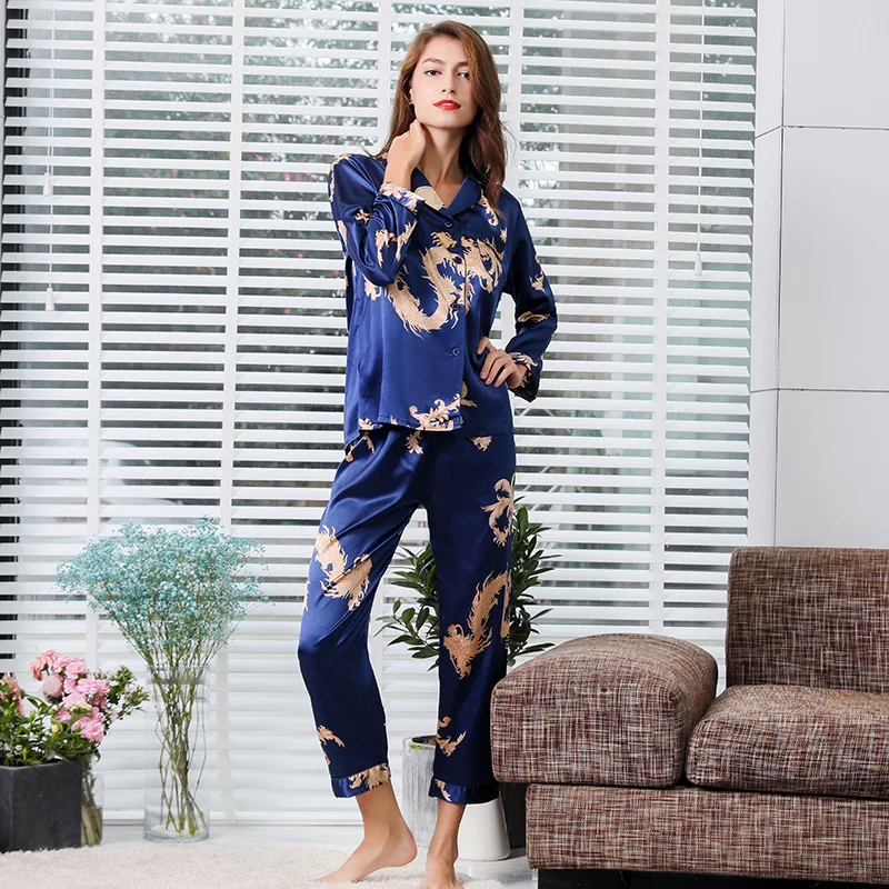 Two-Piece Satin Pyjama Set for Couples, Dragon Pattern Nightwear, Rayon Home Clothes, Long Sleeve, Chinese Style