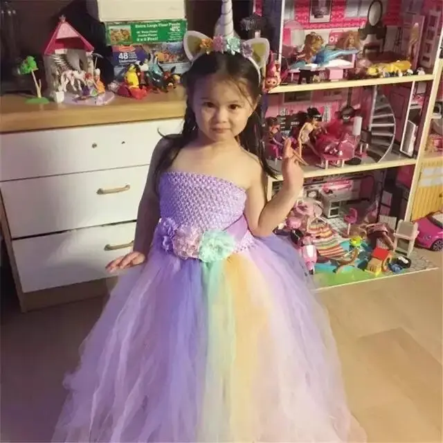 Cute Girls Unicorn Flower Dress Kids Pastel Tutu Dress Crochet Tulle Dresses with Hairbow Ball Gown Children Party Costume Dress