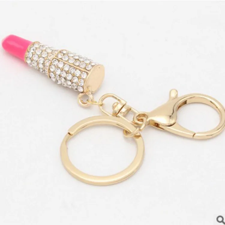 Key Holder Lipstick Rhinestone Crystal Keyring Charm Pink Pendant Car Gold Color KeyChain Key Chain For Woman Gift 17205